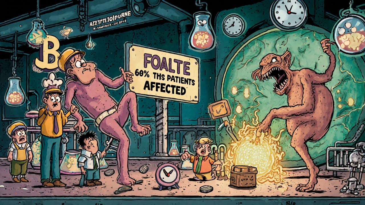 A cellular factory with B vitamin workers fighting a gremlin sabotaging energy production.