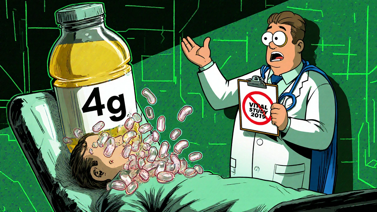 A chaotic ER scene with a fish oil bottle vomiting platelets while a doctor holds a &#039;No Bleeding&#039; stamp.