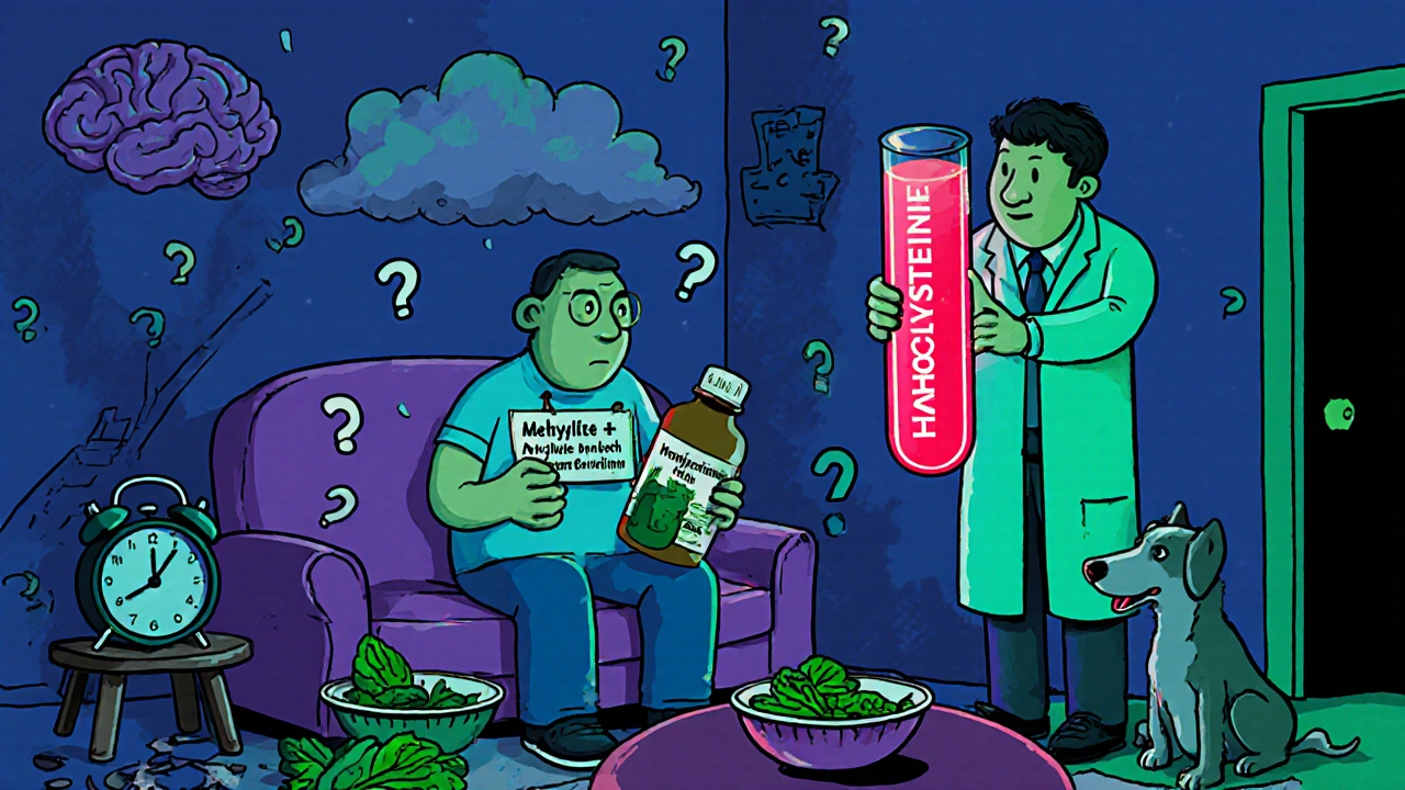 A patient with brain fog holding B vitamin supplement, doctor holding high homocysteine blood test.