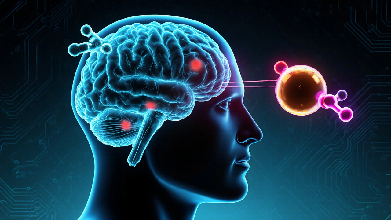 Brain illustration showing armodafinil and caffeine molecules interacting with receptors.