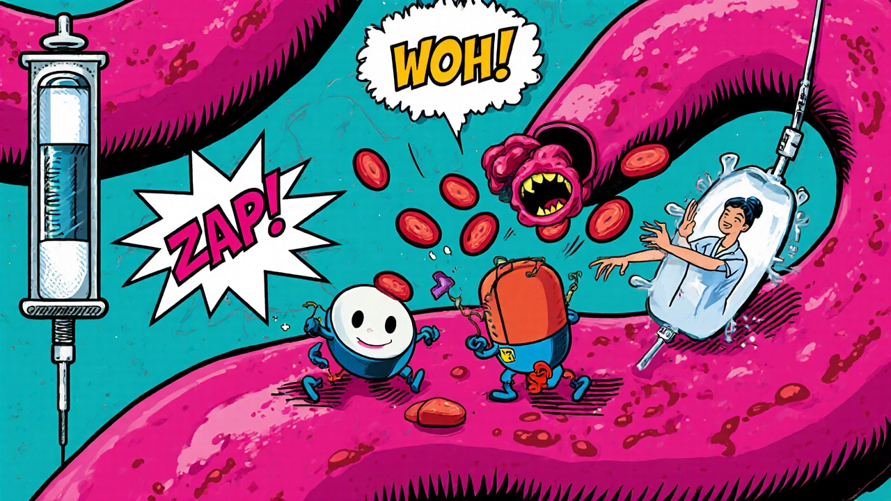 Cartoon bloodstream with drug characters fighting inflammatory cells and IV infusion bags.