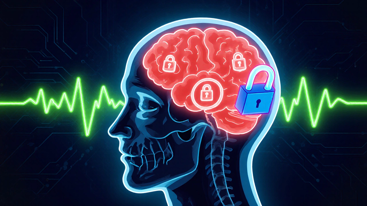 Cartoon brain with locked opioid receptors and a blue Naltrexone molecule blocking dopamine flow.