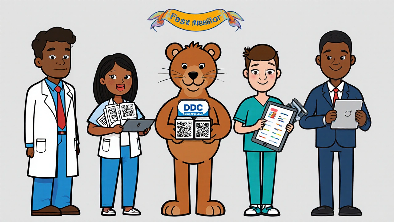 Cartoon characters representing five medication list providers with their template formats.