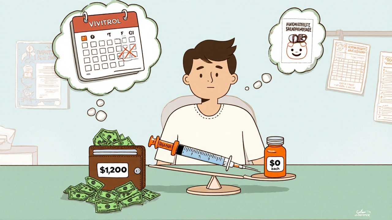 Cartoon clinic desk with wallet, price‑tagged meds, and a scale comparing injection versus daily pills.