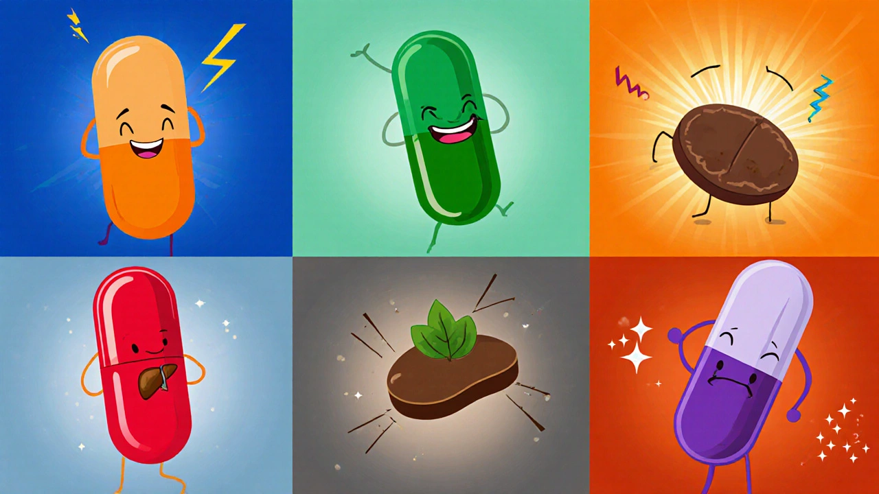 Cartoon collage of five stylized pills representing different wakeâpromoting agents.