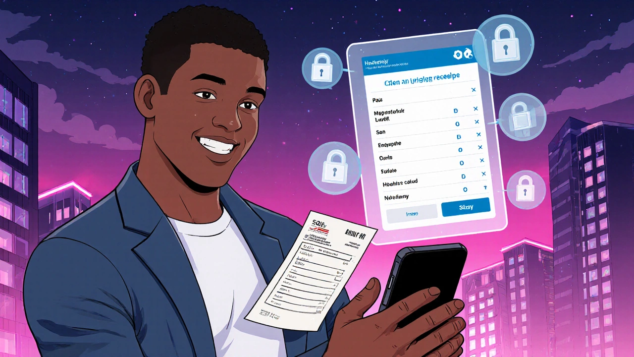 Cartoon person scanning a receipt, AI hologram auto‑fills a medication list on a screen.