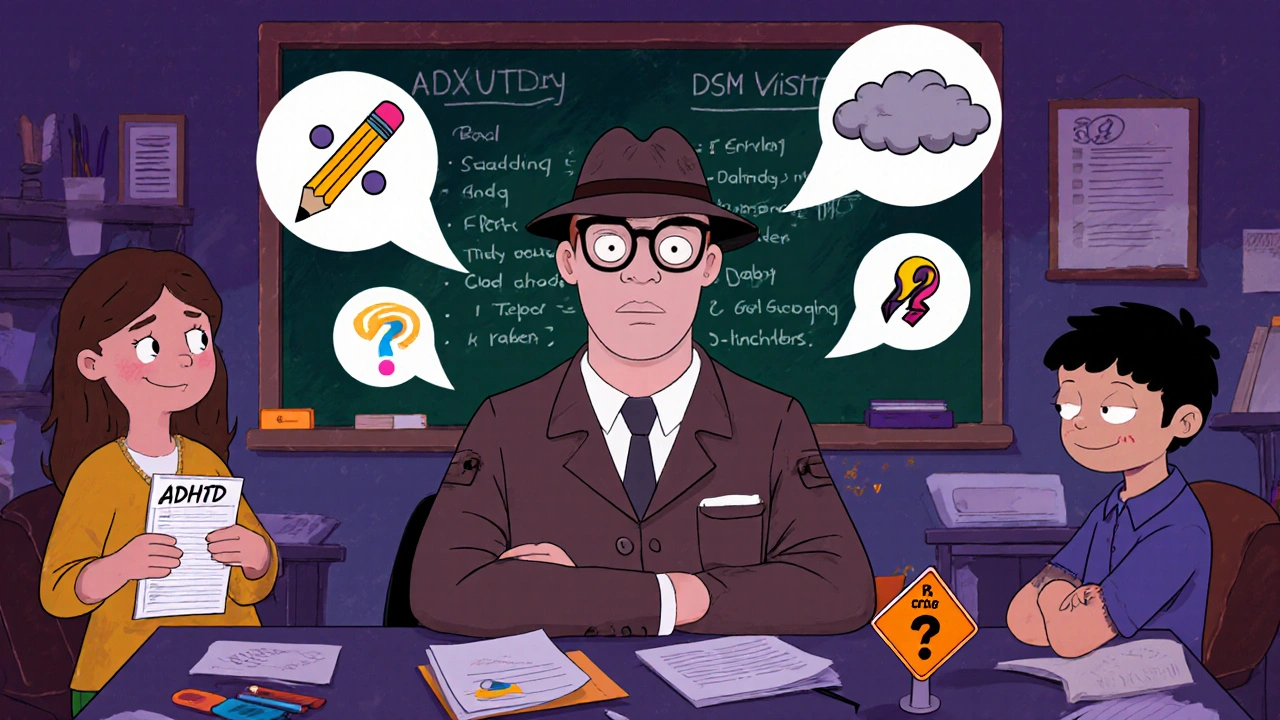 Cartoon psychiatrist surrounded by icons for ADHD, anxiety, and conduct disorder with parent, teacher, and child speech bubbles.