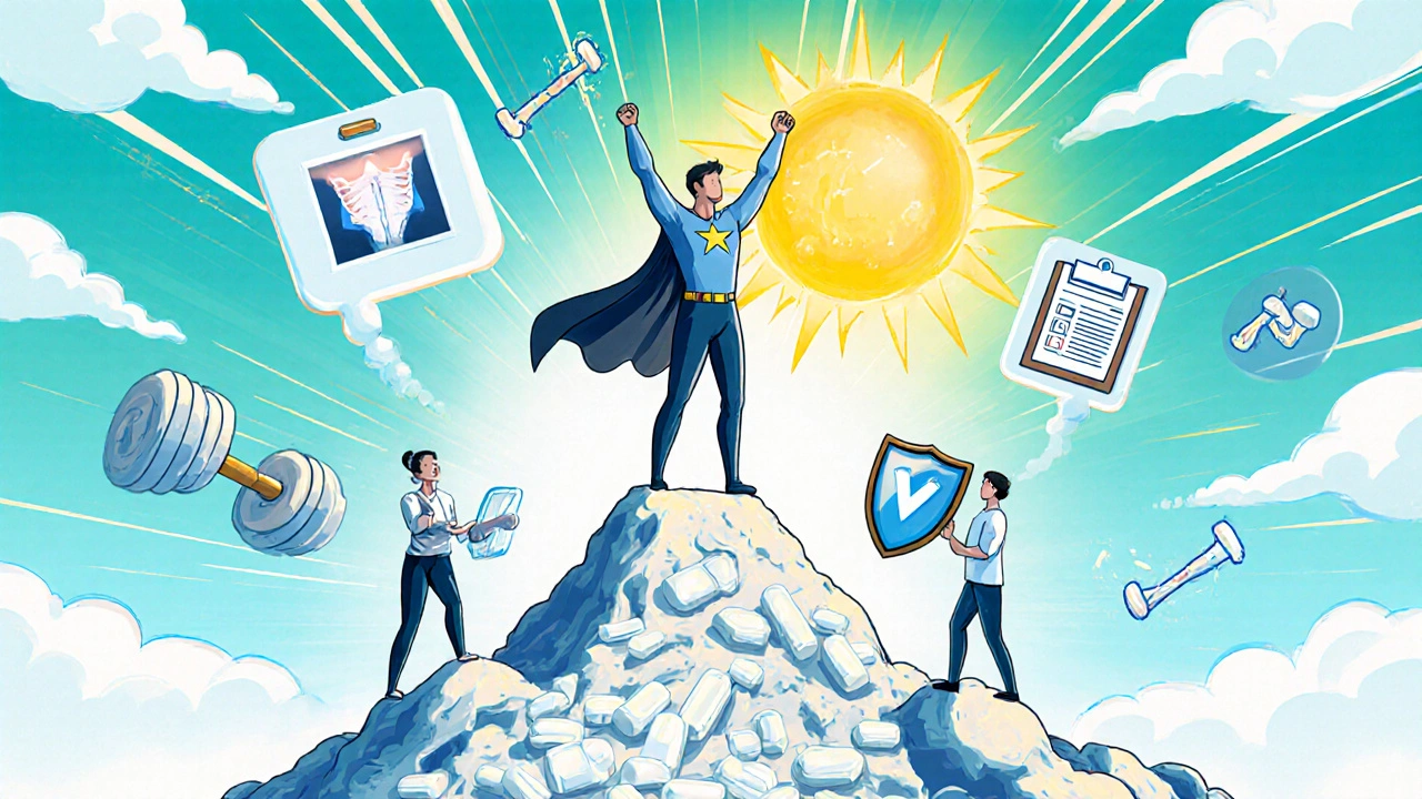Comic hero with calcium, vitamin D, exercise, and doctor tools preventing osteoporosis.