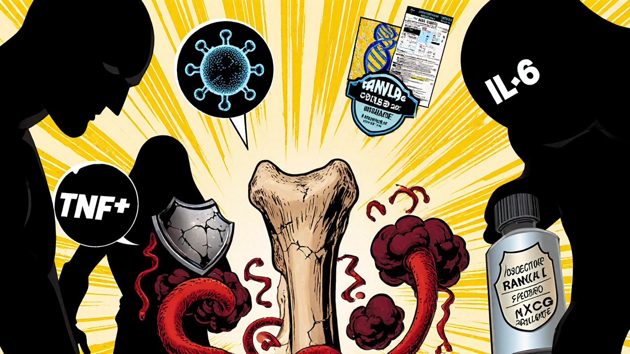 Comic panel showing cytokines, HIV, and steroids causing bone loss with osteoclasts.