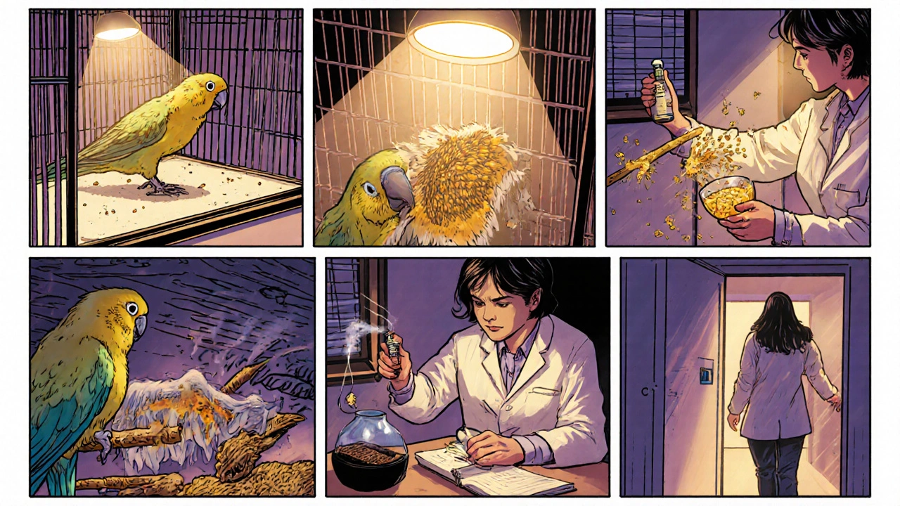 Comic strip showing steps: isolation, inspection, cleaning, diet, treatment, monitoring, vet arrival.