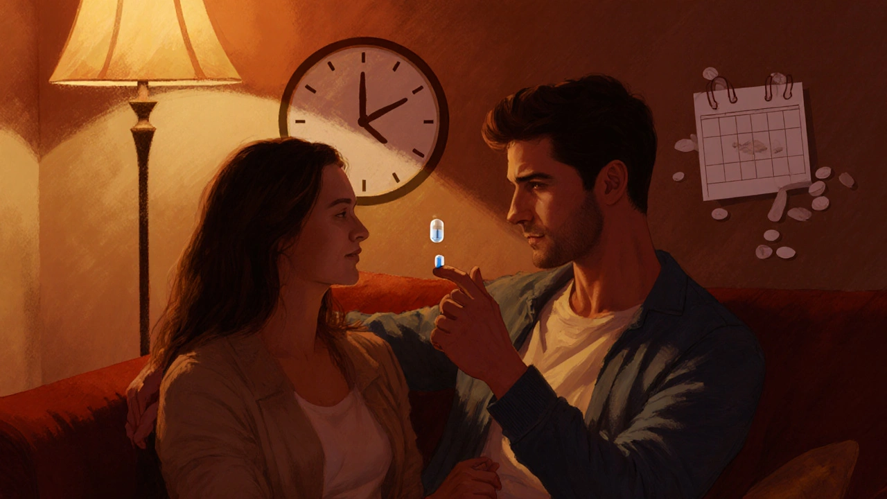 Couple in a warmly lit living room; man holds a Cialis Daily tablet, suggesting spontaneous intimacy.