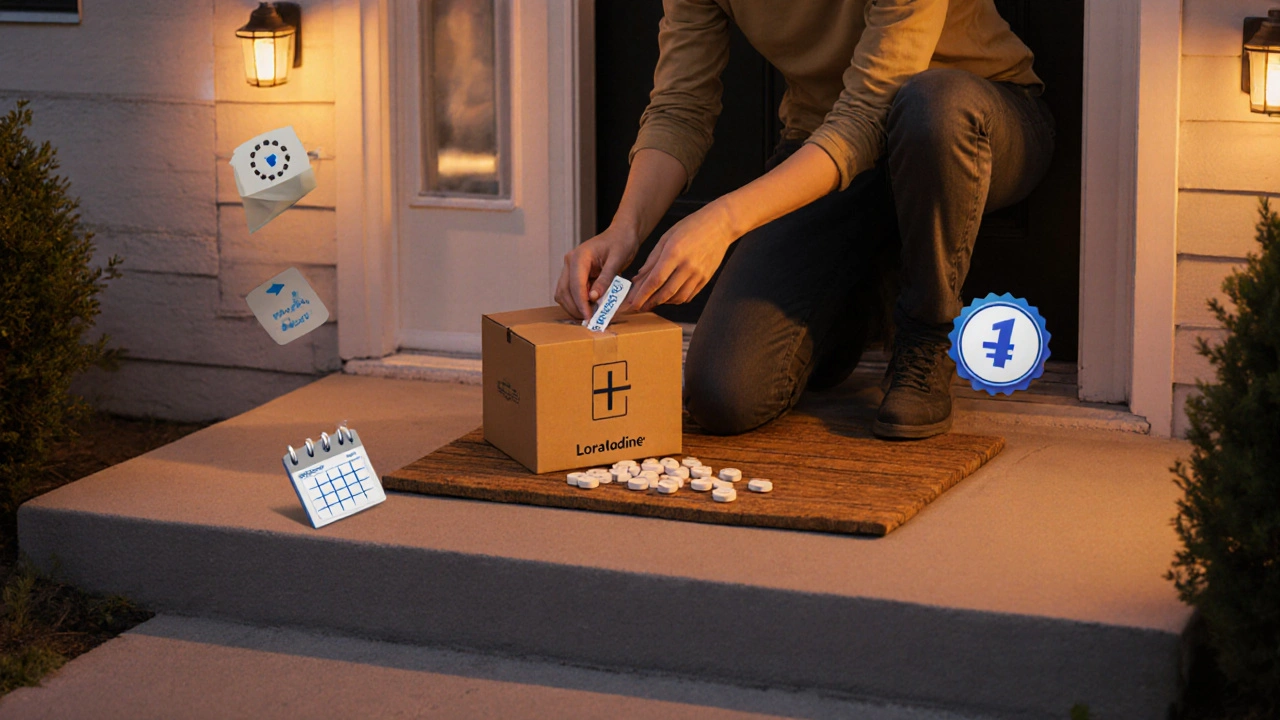 Delivery box opened on porch revealing loratadine tablets and savings icons.