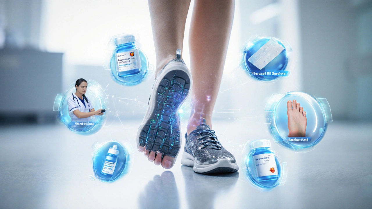 Digital art of feet in supportive shoes surrounded by treatment icons.