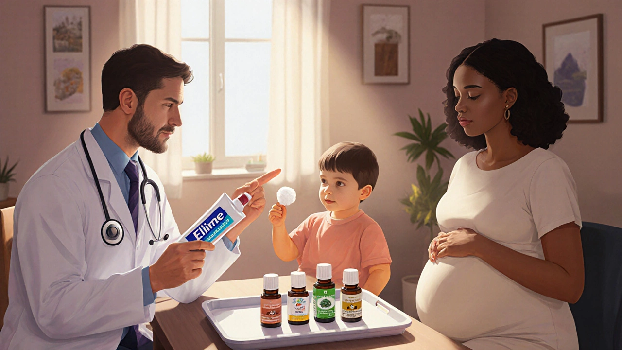 Doctor consulting a family about scabies treatments, each holding a different medication.