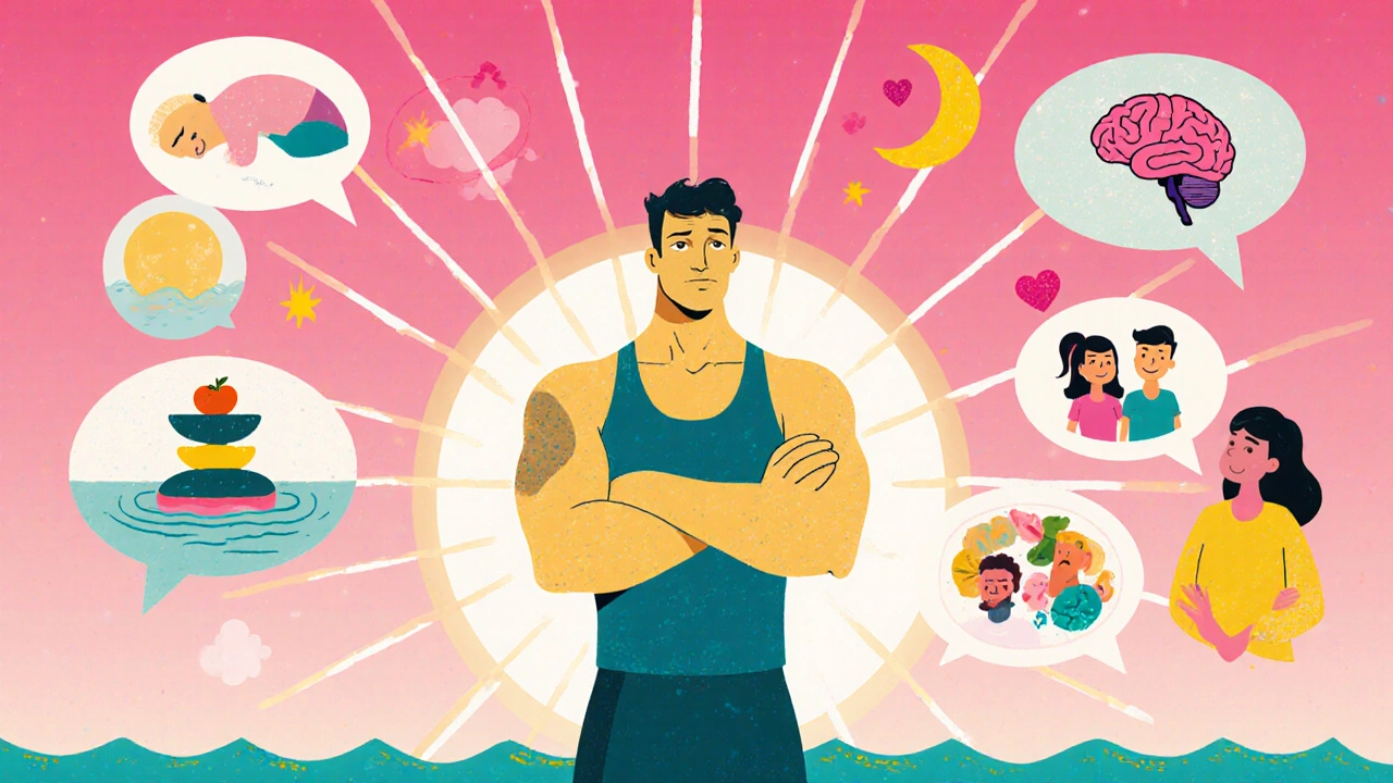 Figure surrounded by icons of exercise, sleep, nutrition, and supportive friends.