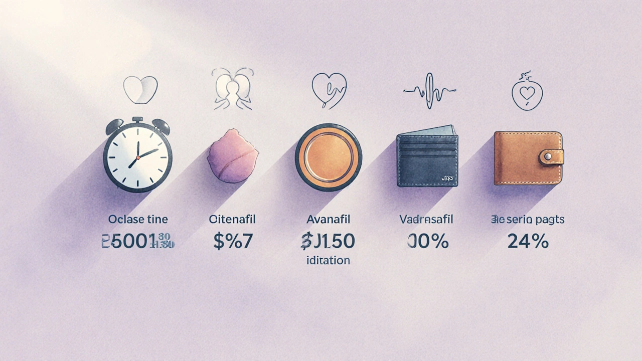Five different ED pills displayed with icons for onset, food, cost, and duration in a pastel flat‑design layout.
