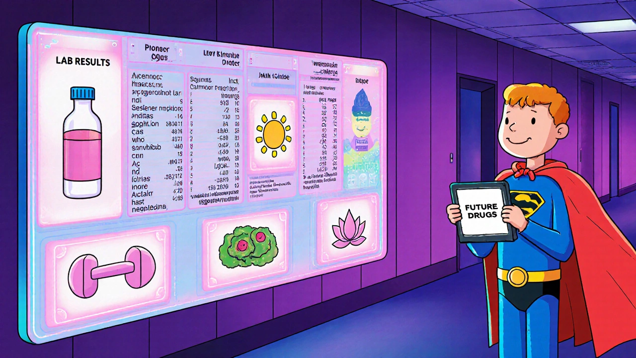 Futuristic clinic scene showing lab monitors, lifestyle icons, and upcoming lupus drugs.