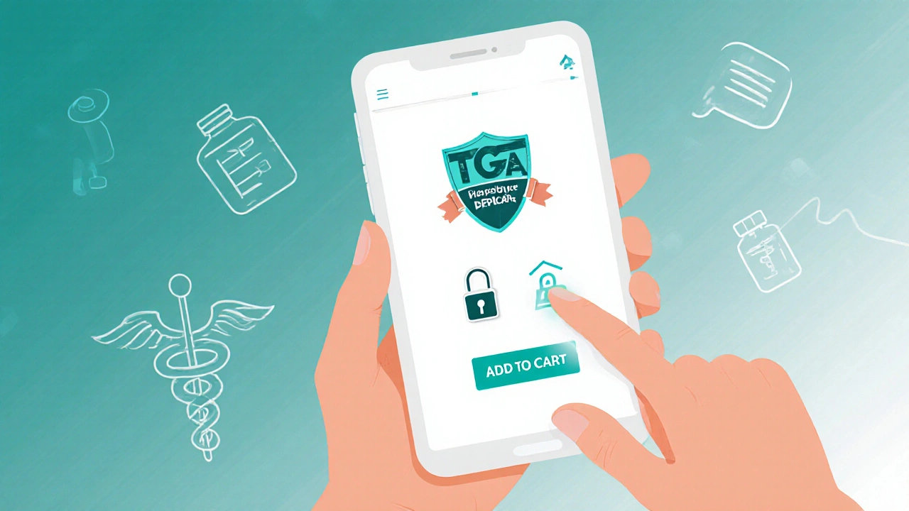 Hand holding phone showing secure pharmacy app badge and lock icon.