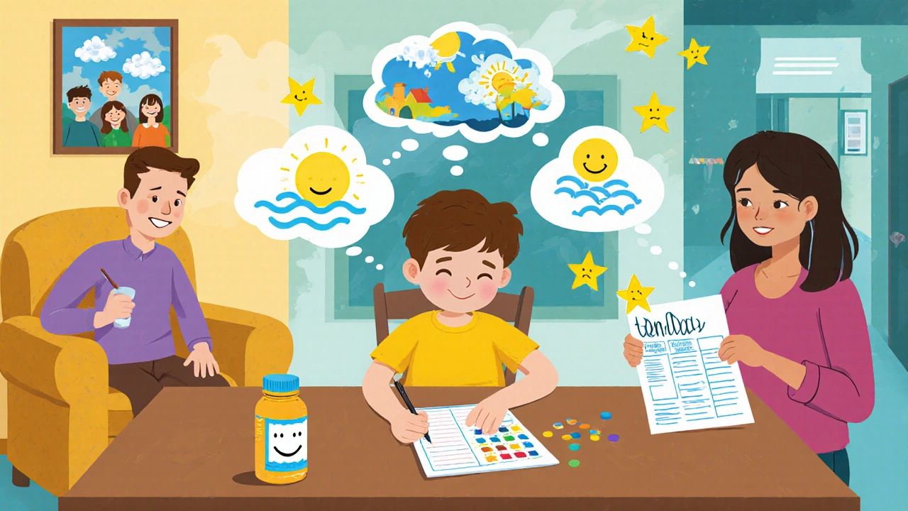 Illustration of child logging mood, medication bottle, therapist, and teacher supporting a diagnosed child.
