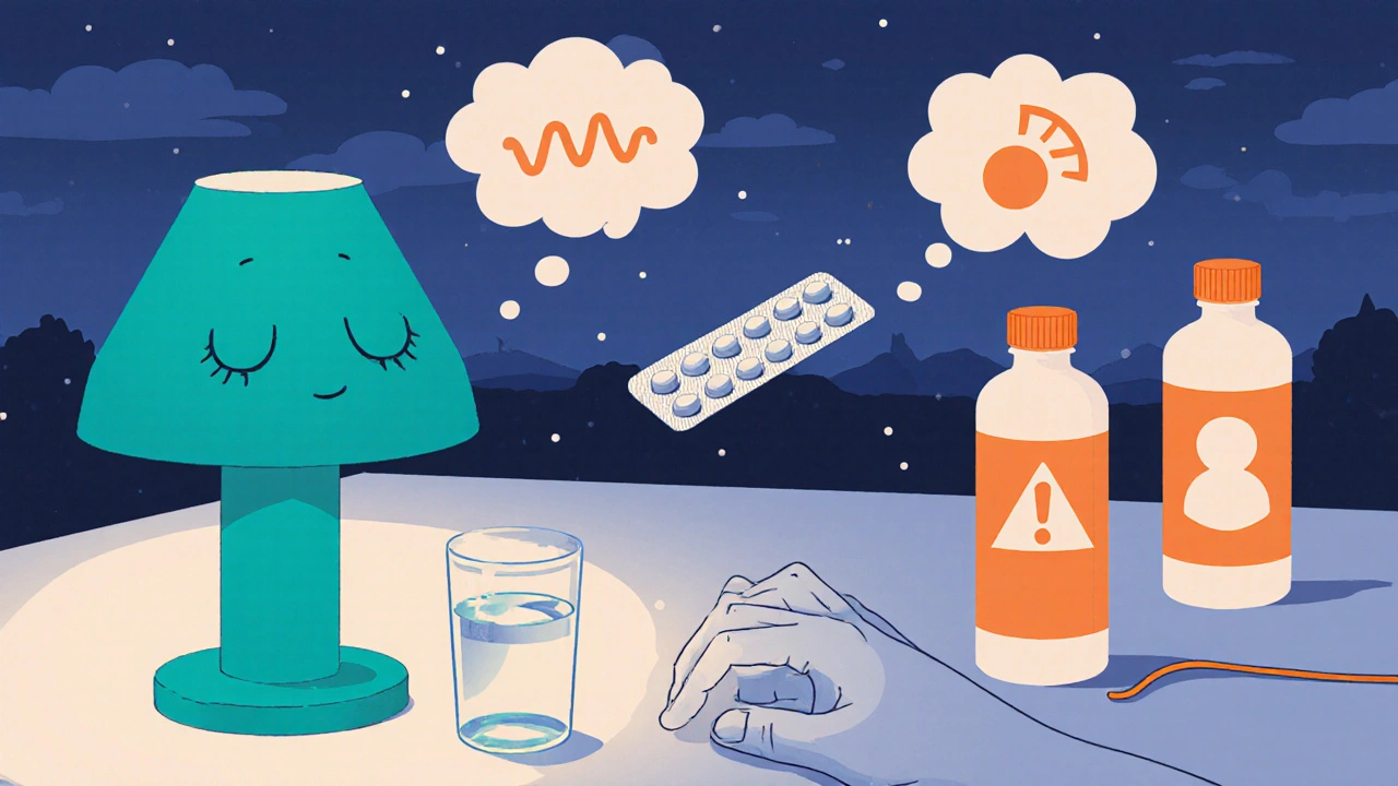 Kitchen scene with water glass, pill bottle, and floating icons for side effects and drug interactions.