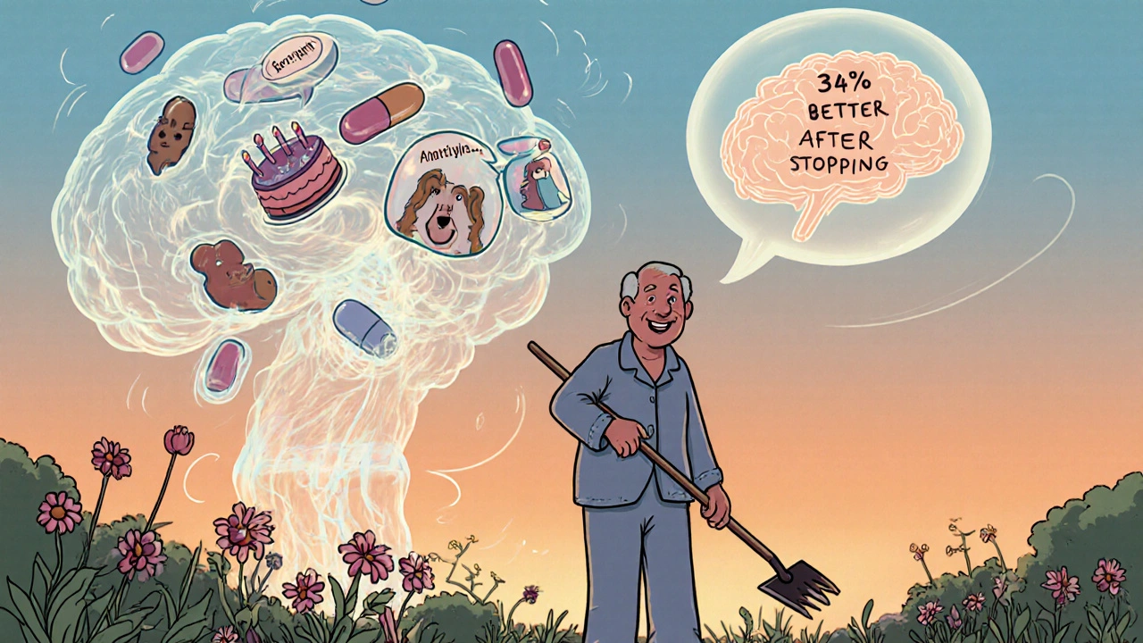 Man gardening happily as ghostly pill vortex fades behind him, brain restored with memories.