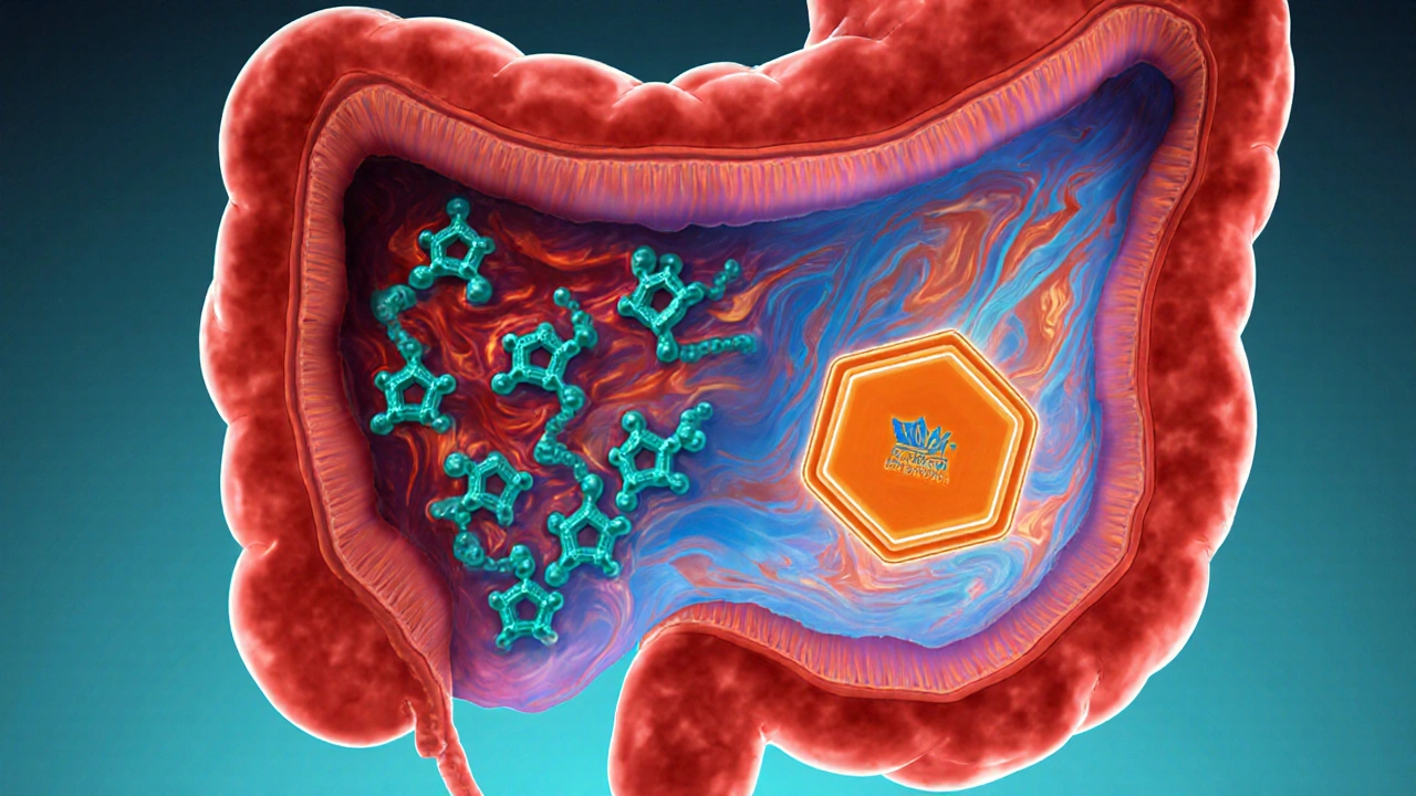 Microscopic view of a stomach cell showing rabeprazole binding to a proton pump, reducing acid.