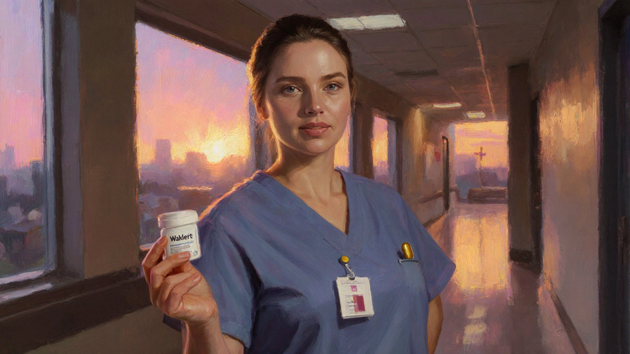 Nurse holding a Waklert pill in a sunrise‑lit hospital corridor.