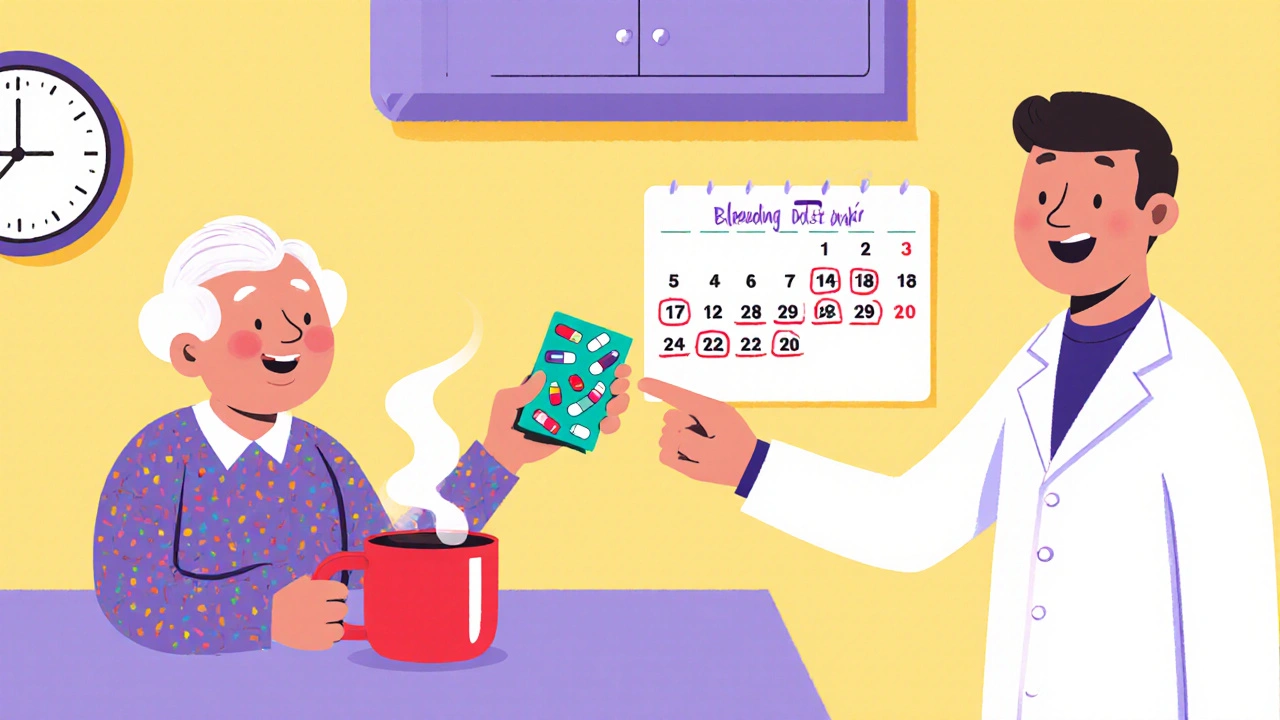 Patient holding medication card while doctor points to calendar in a kitchen.
