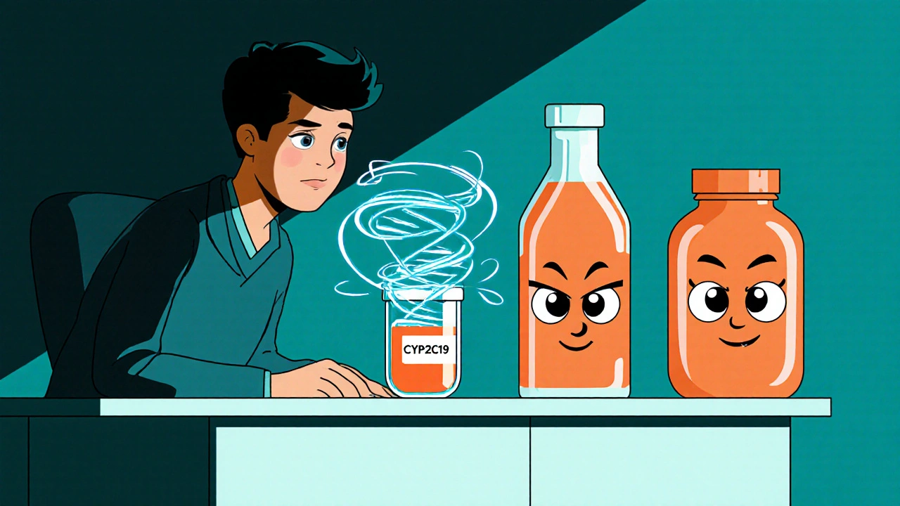 Patient with DNA helix test hologram, PPI and NSAID bottles nearby in a clinic lab.