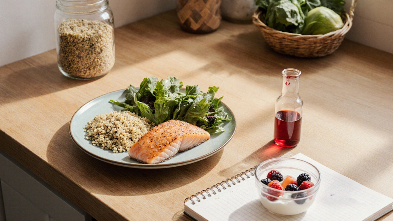 Person preparing a gluten‑free, thyroid‑friendly meal with quinoa, salmon, and yogurt beside a blood test vial.