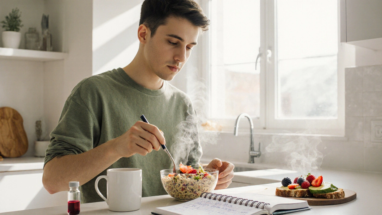 Person preparing gluten‑free breakfast while reviewing symptom journal and test results.