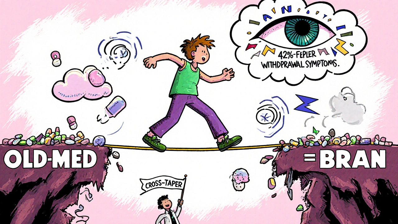 Person walking a pill tightrope between old and new medication, with withdrawal symptoms around them.
