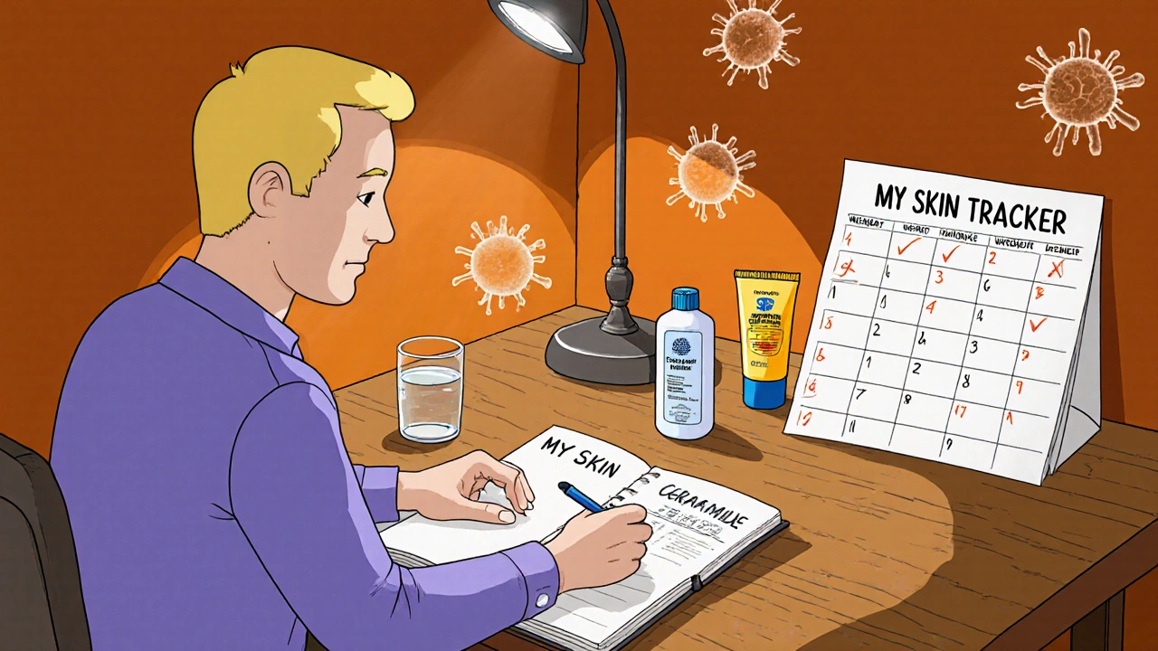 Person writing in a journal at a desk, surrounded by water bottle, moisturizer, sunscreen, and workout calendar.