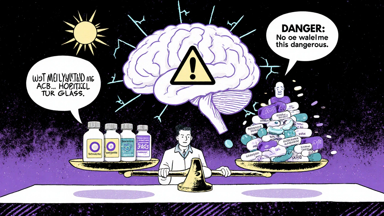 Pharmacist balancing safe meds against dangerous ones, a cracked brain warns of high anticholinergic burden.