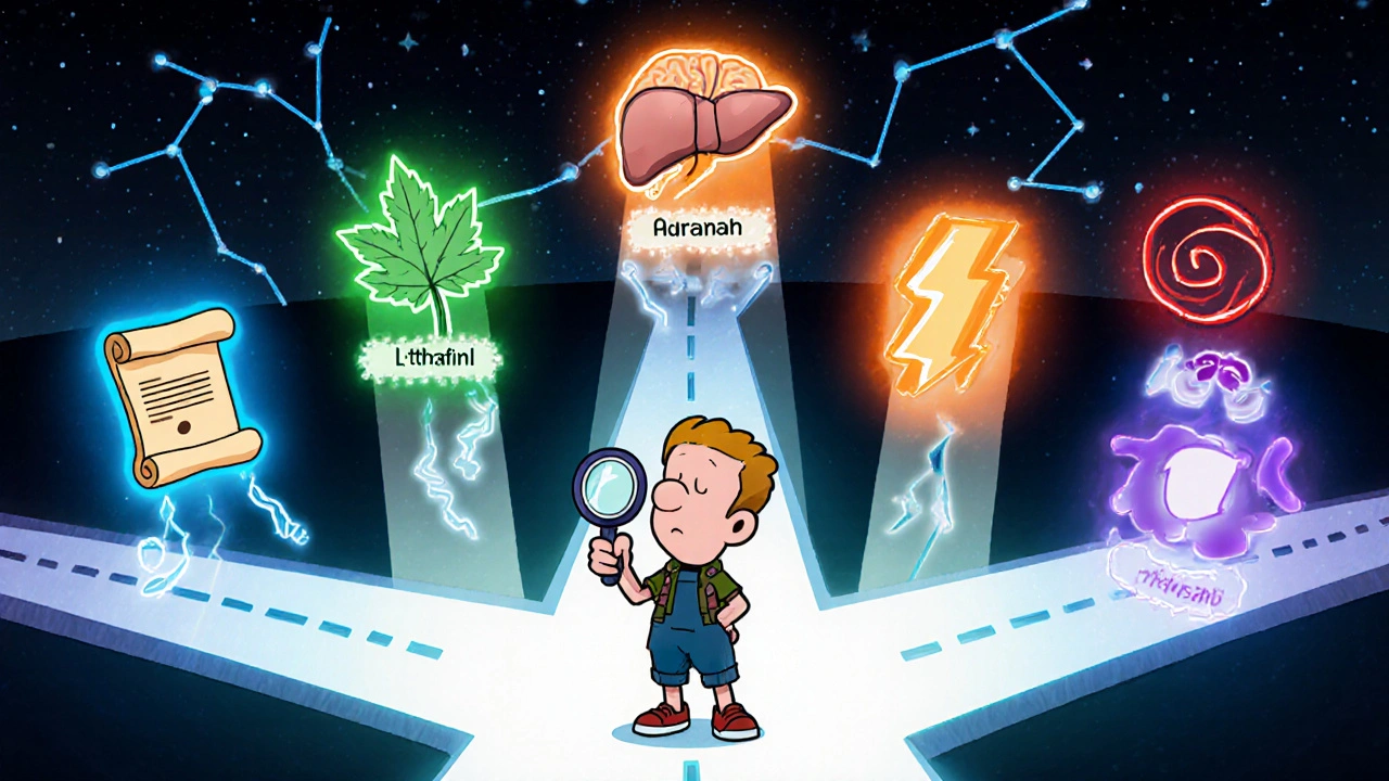 Quirky figure at a glowing crossroads with symbols for various wakefulness options.