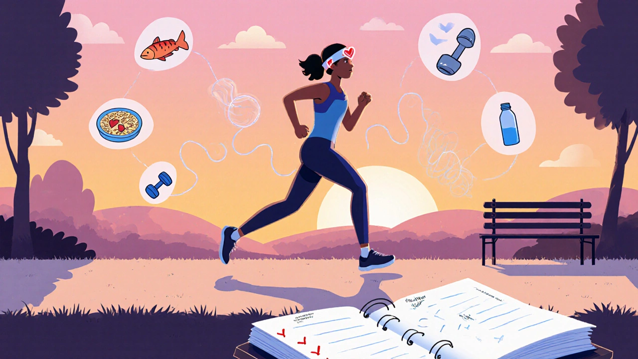 Runner on a sunrise path with floating icons for diet, exercise, and a notebook checklist.