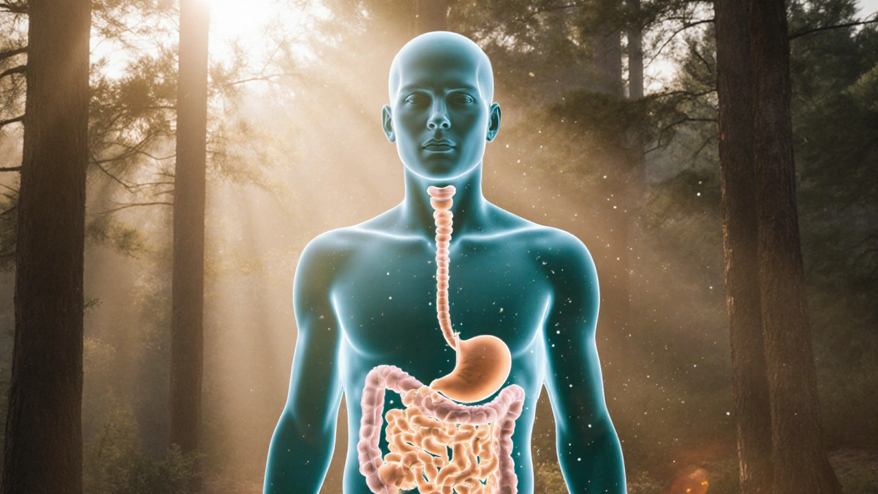 Silhouette of a relaxed figure with glowing thyroid and intestine overlay in a peaceful forest at golden hour.