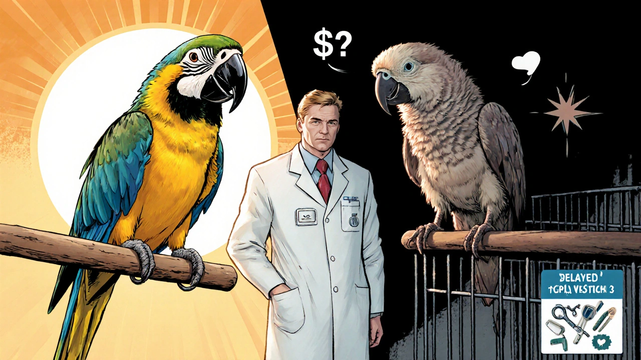 Split scene contrasting a healthy feathered bird after early care with a feather‑loss bird after delayed treatment.
