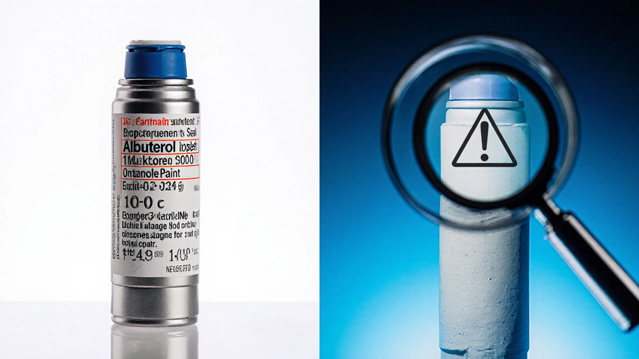 Split view of authentic vs counterfeit albuterol inhaler with magnifying glass.