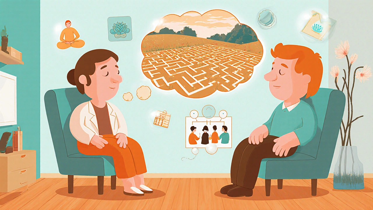 Therapy scene with patient’s tangled thoughts turning into a calm meadow.