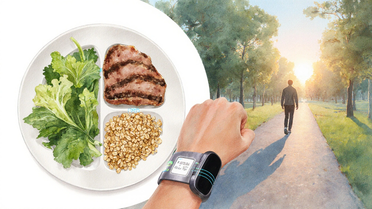 Watercolor scene of glucose monitor, plate method meal, and post‑meal walk.