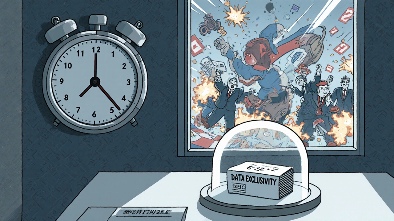 A calm EU regulatory office with a clear 8+2+1 timer, contrasting with chaotic U.S.-style patent madness visible through the window.