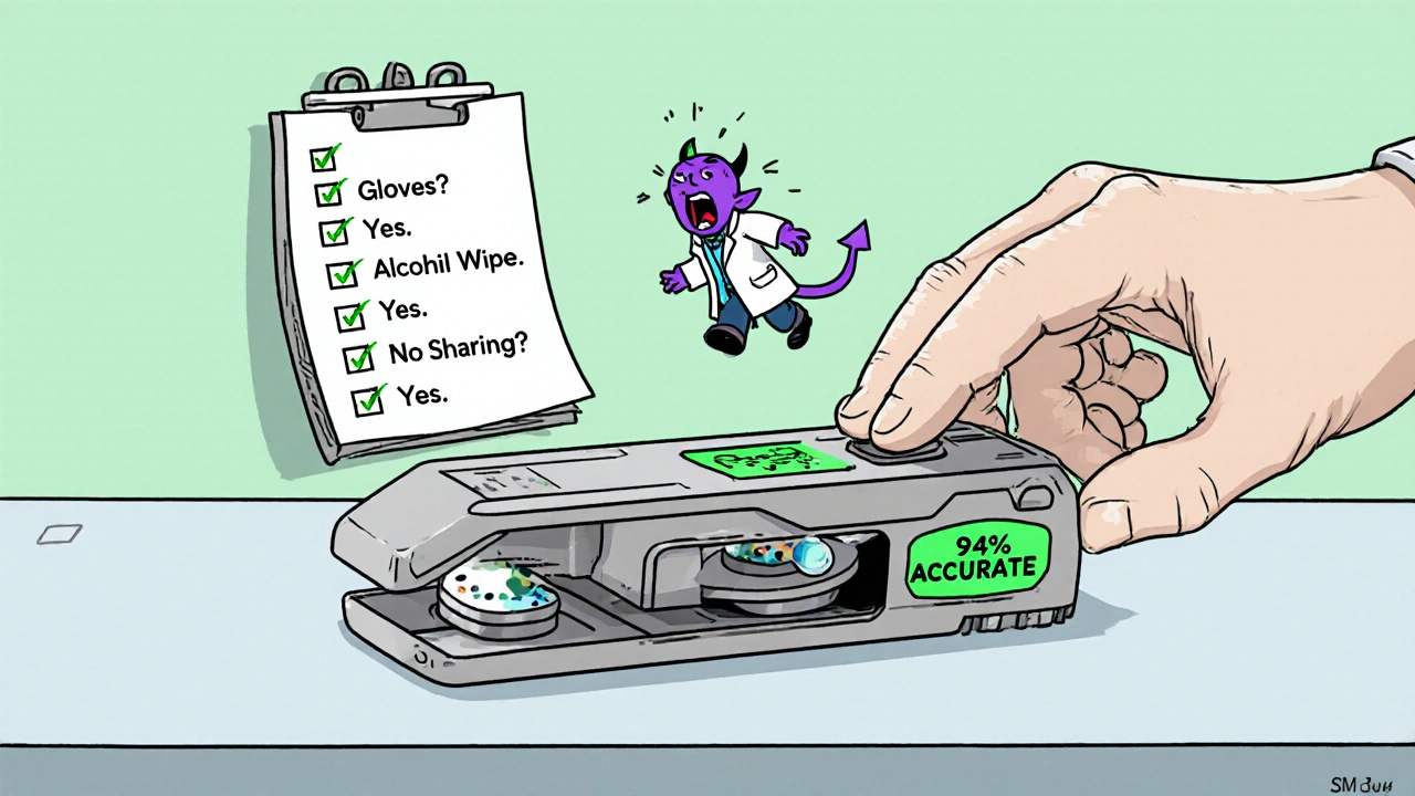 A high-tech pill splitter with glowing safety features on a clean counter