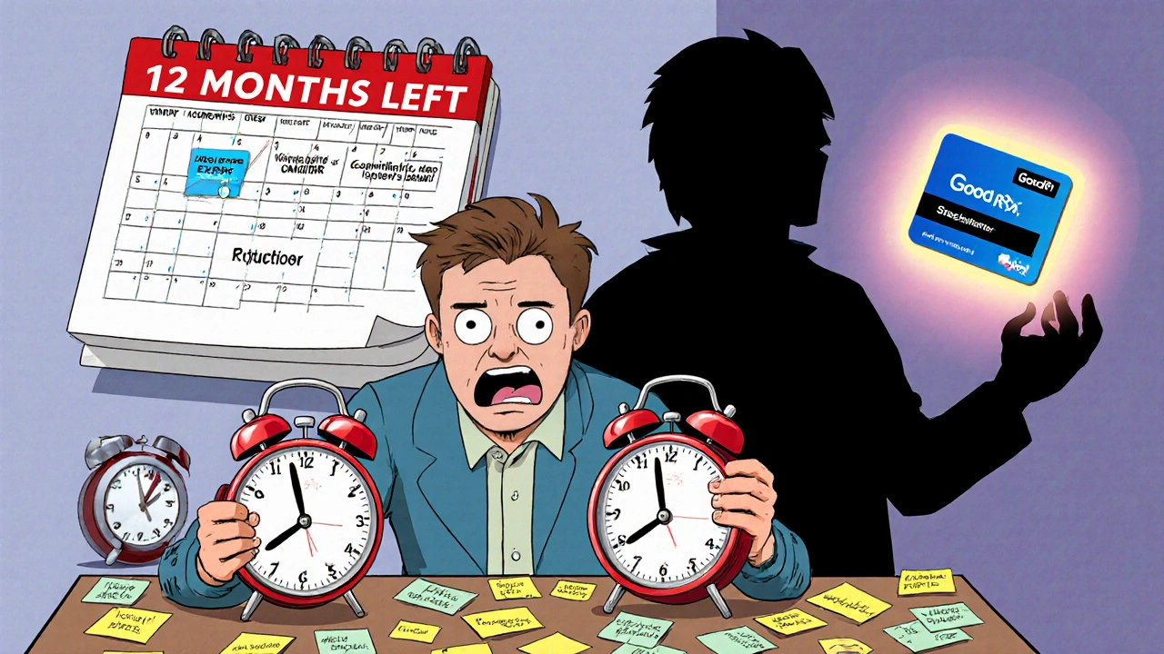 A man setting multiple expiration alarms while an insurance figure steals his deductible progress, with a GoodRx card glowing nearby.