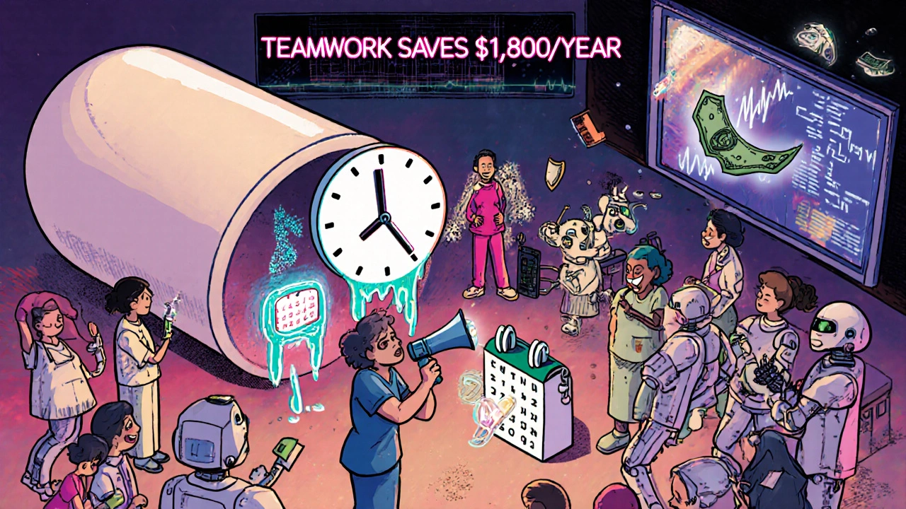 A medical huddle inside a giant pill capsule with glowing vitals, melting clocks, and AI projecting drug suggestions.