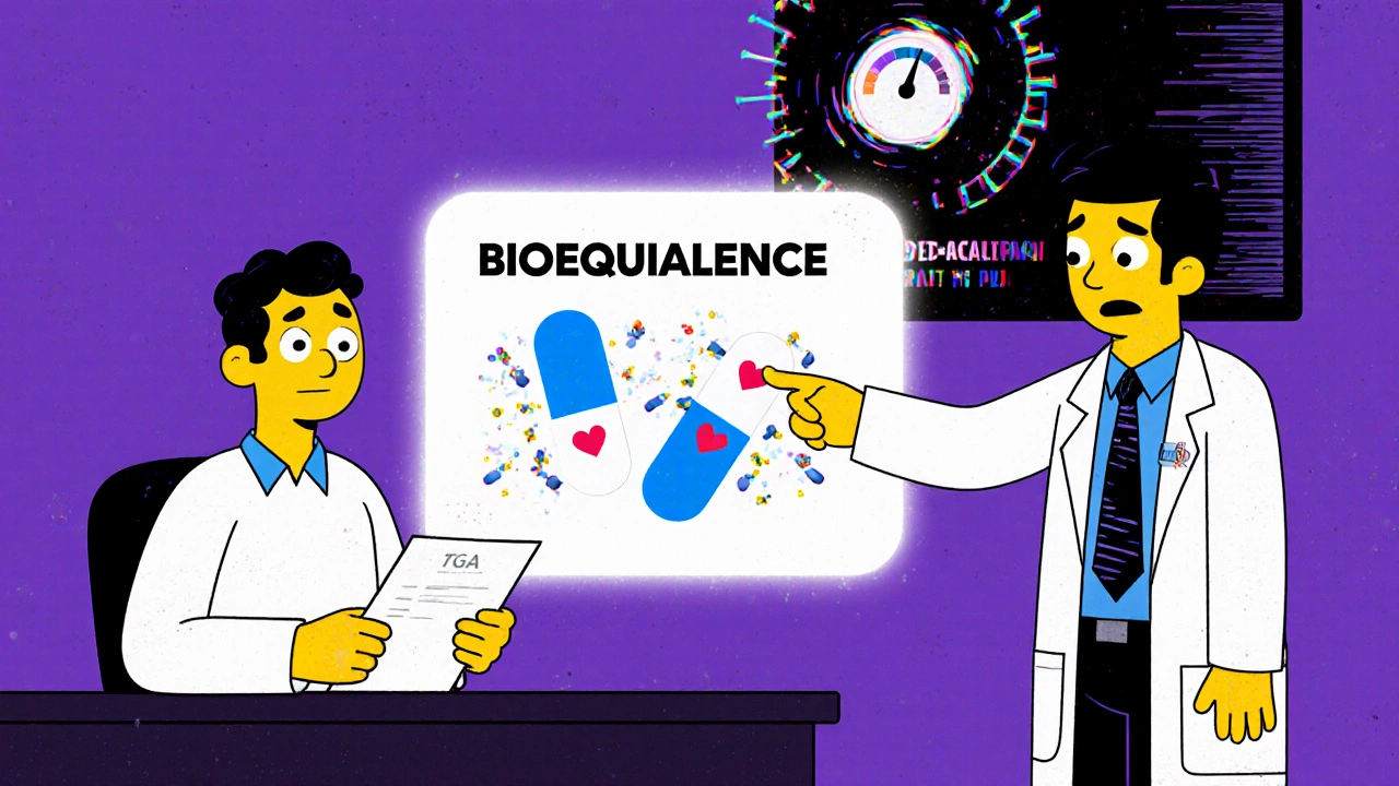 A patient and doctor discussing bioequivalence with animated molecules and a wildly fluctuating INR meter in the background.