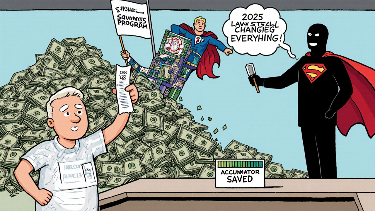 A patient celebrates a  pharmacy cost with a mountain of saved cash, while a drugmaker CEO waves a flag and an accumulator figure tries to steal progress.