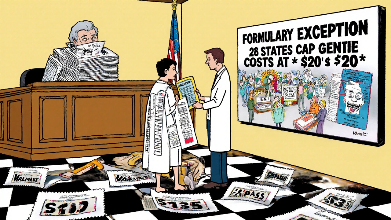 A patient in court defending against an insurance judge, with a doctor holding a formulary exception chart and a TV showing dangerous generics.