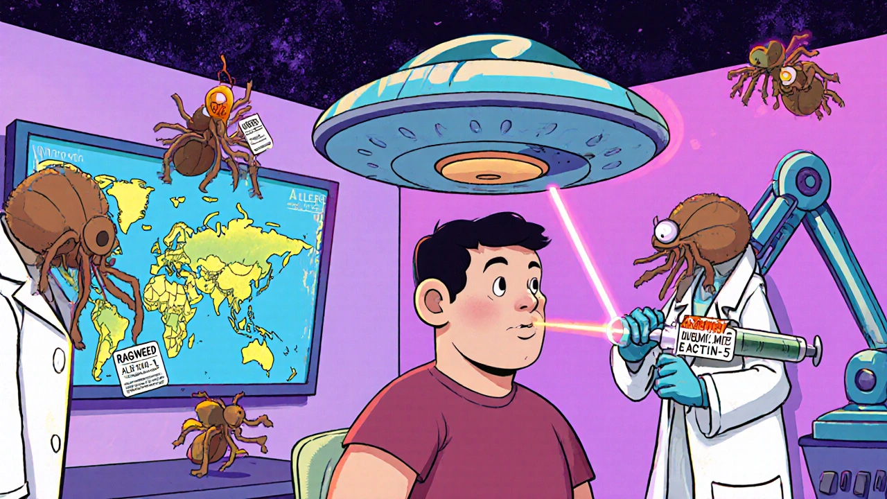 A patient with a floating immunotherapy tablet above their tongue, surrounded by labeled allergen tags in a surreal clinic.