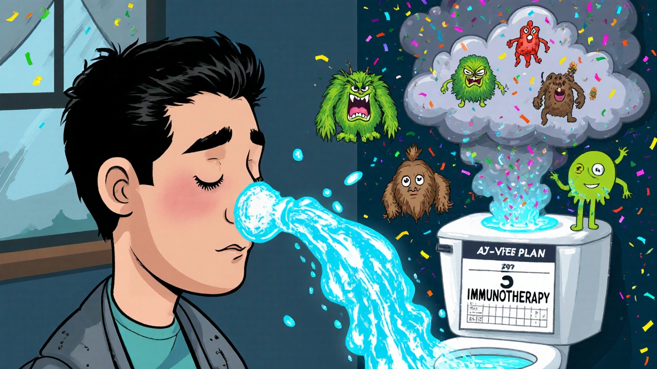 A person rinsing their nose with glowing saline fluid, flushing out cartoon allergen monsters into a toilet.